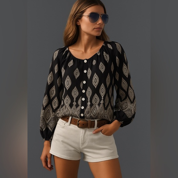 Anthropologie Tops - Anthro Fig & Flower button front tunic peasant blouse black paisley Size M